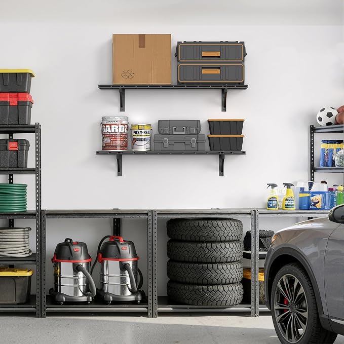 Jusgym 2 Pack Wall Mounted Garage Shelving, 1x4ft, 700lbs Integrated Grid | Wall Mounted Floating Design, 12"x96" Storage Rack, No Splice Seamless Structure, Rustproof Black Coating for Garage Workshop