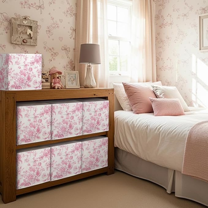 6 Pcs Pink Floral Cube Storage Bins 11 Inch Pink Flower Storage Basket with Handle, Preppy Girls Organizer Basket, Collapsible Fabric Box for Classroom Bedrooms Office Home Decoration Gift