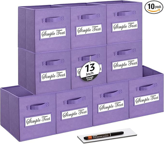 13x13x13 storage cube bins (Set of 10) Fabric storage cubes with 10 Labels Window Cards & a Pen, storage cubes 13x13, Collapsible 13 inch cube storage bins, Cubby Organizer Boxes, Purple