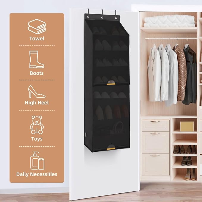 STORAGE MANIAC Over the Door Shoe Organizer with Curtain Dustproof Heavy-Duty Large Deep Pocket Hanging Shoe Organizer for Closet Dorm & Narrow Door Storage Shoe Holder Shoe Rack, 7-Shelf Black 1 Pack