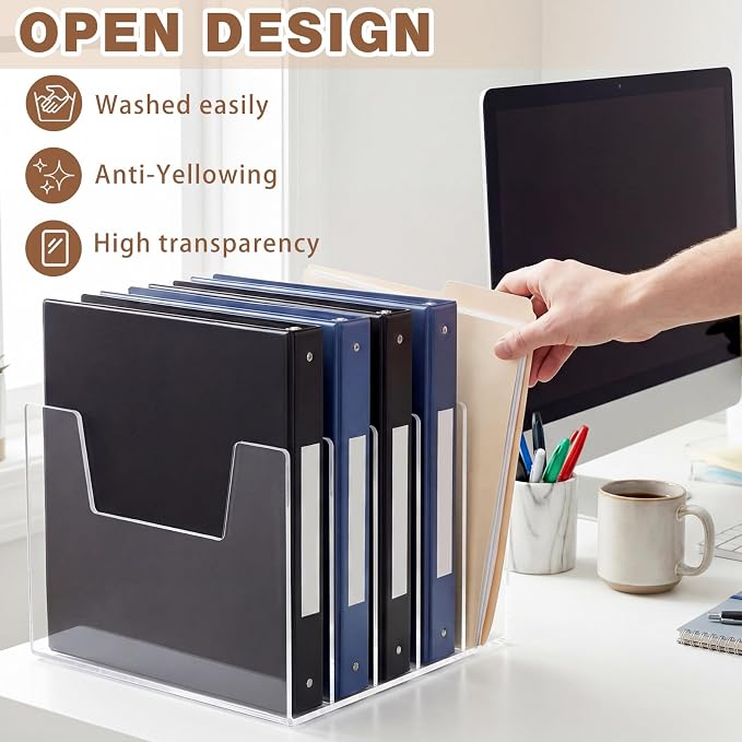 5 Section Clear Acrylic Desktop File Organizer Vertical File Sorter 4mm Thick, Large Capacity Upright Magazine Organizer, Book Paper, Notebooks, Envelopes, Mail Holder