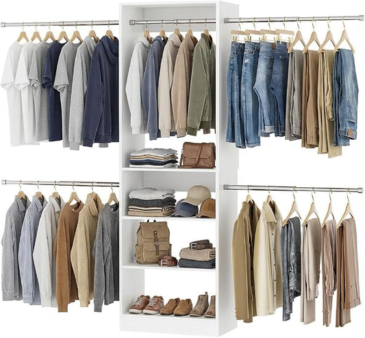 Closet System, 4.5-11.5 Ft Expandable Closet Organizer, White | 5 Hanging Rods, Walk-in Wood Closet Organizer System with Storage Tower, Heavy Duty Garment Rack Wardrobe for Bedroom