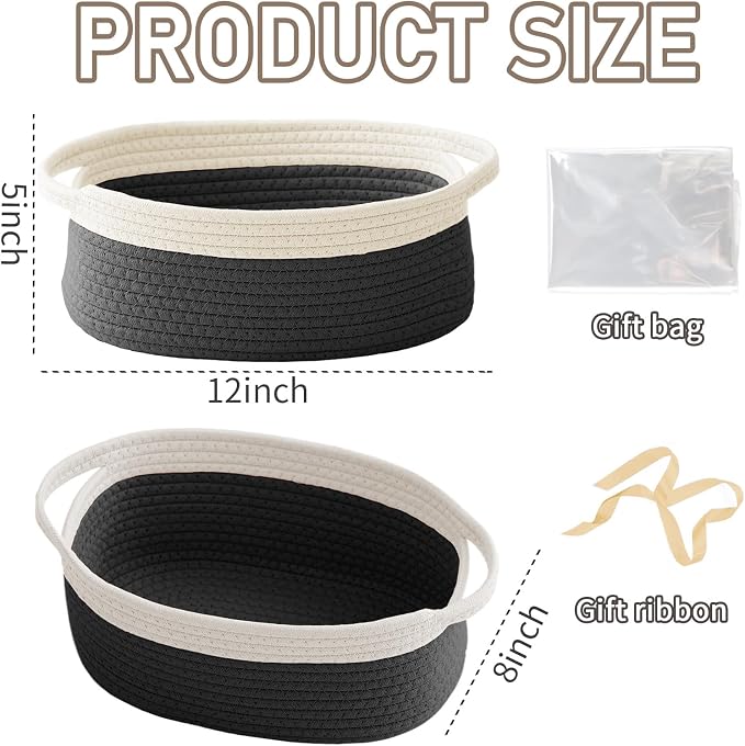 JMvicyroam Small Woven Basket, Empty Gift Basket, White&Black/2 Pack | Small Gift Basket, Cotton Rope, 12 x 8 x 61 in, Handles, Includes Ribbon and Bag, Birthday Gift Basket
