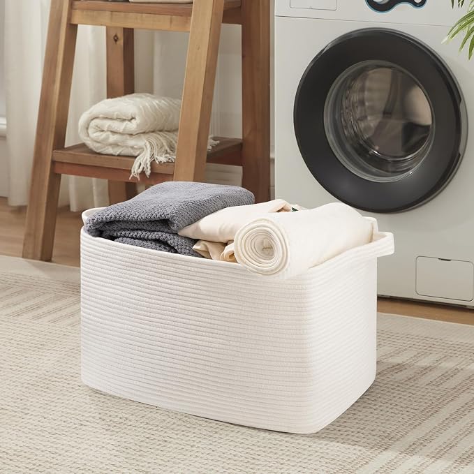 OIASKET 95L Extra Large Blanket Basket, 24" x 16.9" x 14.2" Woven Storage Basket for Living Room, Rectangle Nursery Blanket Storage for Toys, Towels, Dirty Clothes (White)