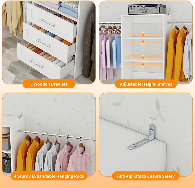Closet System, 5FT-9FT Closet Organizer System with 4 Expandable Hanging Rods and Moveable Shelves, 115" Walk in Closet System with 3 Wooden Drawers, Custom Built in Closet, Wall Mount