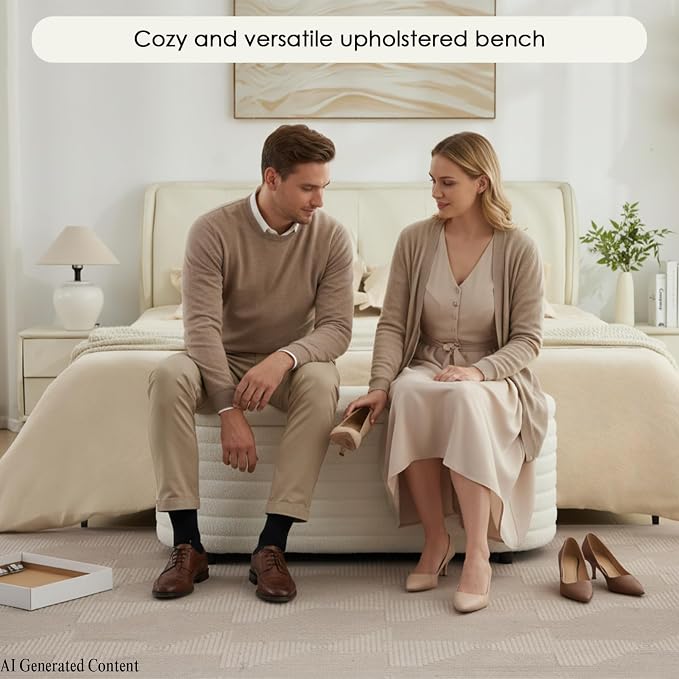 45.5" Storage Teddy Ottoman Bench Upholstered Fabric Bench Hidden Storage Chest with Slow-Close Safety Hinge for Bedroom, Living Room, Entryway, White