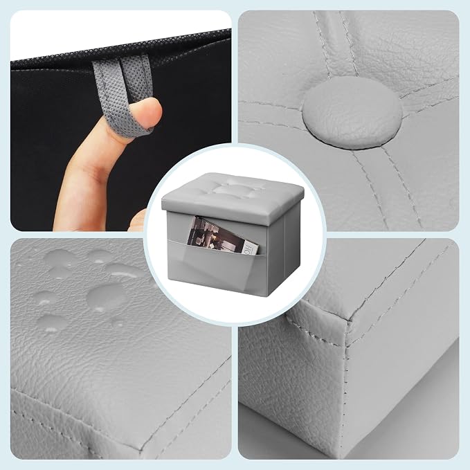 Bsketa Storage Ottoman Bench,16 Inch Folding Leather Foot Rest Stool, Grey | Small Ottoman with Side Pockets, Thicker Foam Padded Seat, Livingroom, Dorm, Bedroom, Easy to install, 38L, 16x12x12in