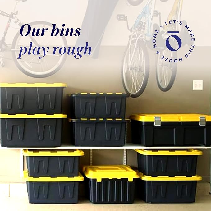 HOMZ Durabilt Plastic Storage Bins with Lids, 27 Gal, Black/Yellow, 2 Pack | Heavy-Duty Large Stackable Container Boxes for Home, Attic, and Garage Organization