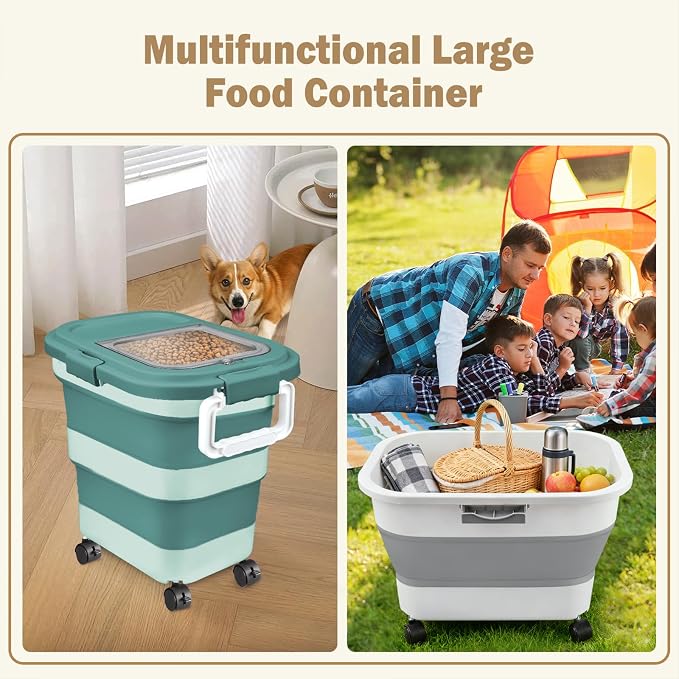 Rice Storage Container, Collapsible Airtight 10-40 Lb Rice Storage Container, 25lb Pet Dog Food Storage Container, Rice Dispenser Bin with Cup and Scoop for Flour Cereal Pasta Grain, Cat Bird
