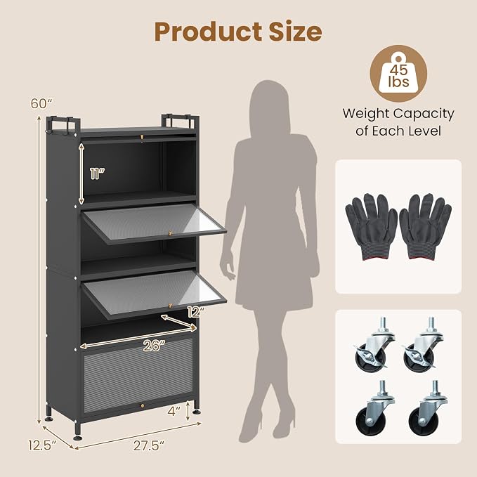 Giantex 5-Tier Kitchen Storage Cabinet, Freestanding Metal Baker's Rack w/4 Flip-up PC Doors, 4 Hooks, Adjustable Feet & Rolling Wheels, Mobile Microwave Stand for Dining Room, Living Room (Black)