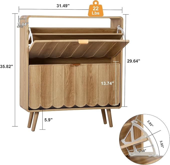 Shoe Storage Cabinet for Entryway with 2 Flip Drawers Set of 2, Freestanding Narrow Wood Shoe Cabinet with Wave Panel, Hidden Shoe Organizer for Foyer, Hallway (Natural)