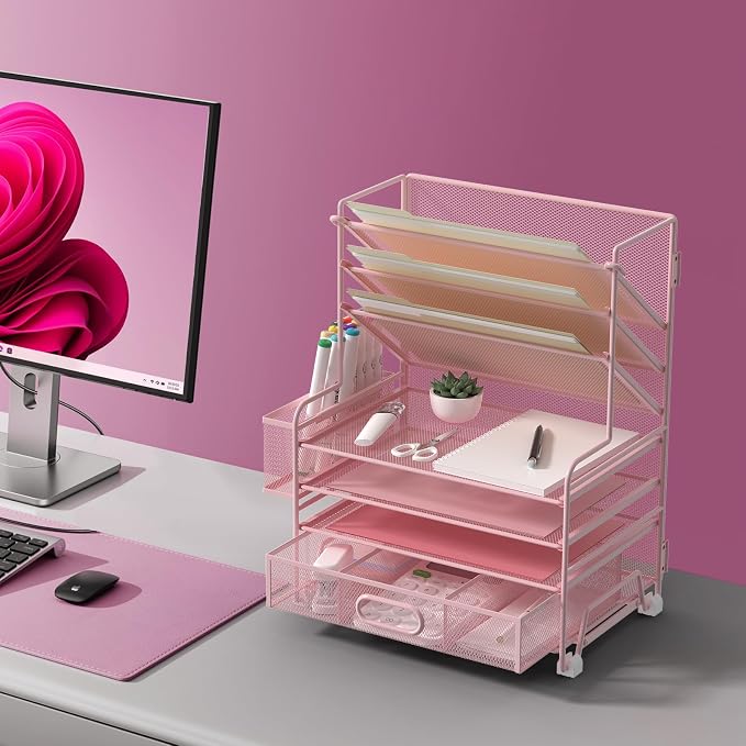 MINDEPOT 4-Tier Paper Organizer + 3-Pocket File Holder + Drawer + Pen Holders, Desktop File Organizers Paper Tray for Office Supplies School Classroom Organization (Pink, with Drawer & Pen Holder)