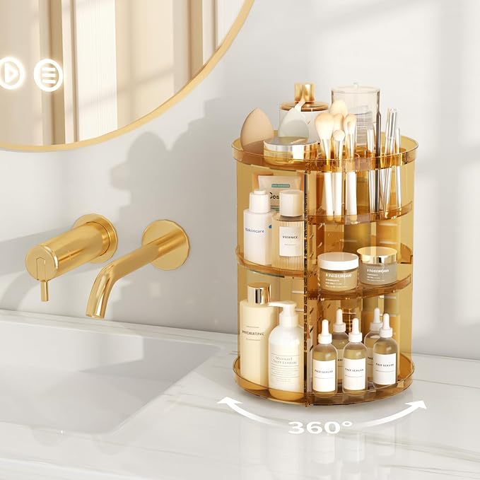 Rotating Makeup Organizer, DIY 8 Adjustable Layers Spinning Skincare Storage, Cosmetic Display Case with Brush Holder and Perfume Tray, Multi-Function Vanity Bathroom Countertop Organizer Clear Gold