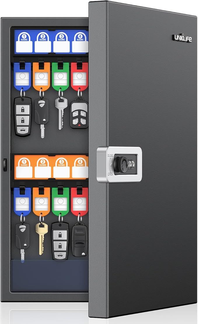 Uniclife 32 Keys Key Lock Box, Wall Mount Key Box, Key Cabinet, Car Key Organizer with Writable Key Racks and Tags, Security Key Holder Storage Box for Office, Hotel & Company
