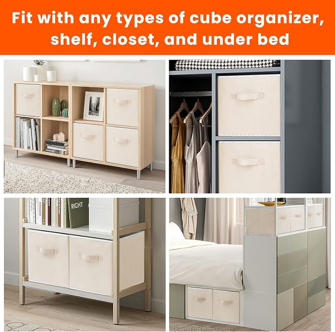 Criusia Large Storage Cubes - 13 Inch Heavy Duty Fabric Storage Bins for Shelves Closet, Cube Organizer - 8 Pack Collapsible Cube Storage Bins Baskets for Organizing Clothes Blankets Toys (Beige)