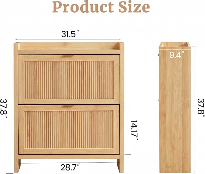 Fluted Shoe Storage Cabinet with 2 Flip Door for Entryway | Farmhouse, Natural color, Adjustable shelves, Tabletop guardrail, Freestanding shoe storage cabinet, for Entryway/hallway