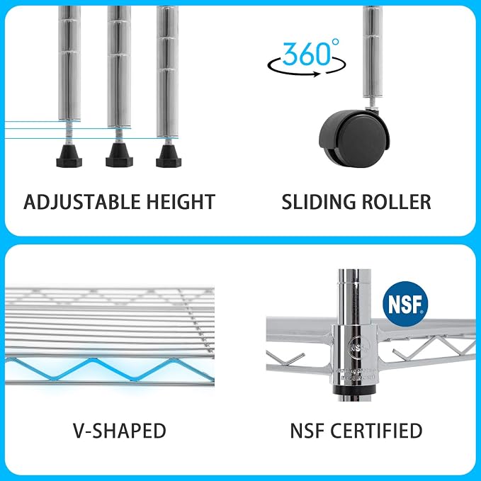 30" L×14" W×60" H Wire Shelving Unit Commercial Metal Shelf with 5 Tier Casters Adjustable Layer Rack Strong Steel for Restaurant Garage Pantry Kitchen Garage，Chrome