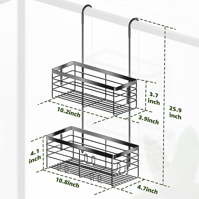 YUOROS 2 Tier Hanging Shower Caddy (Black) | Over the Door Shower Organizer Rack Organizer Stainless Steel Rustproof