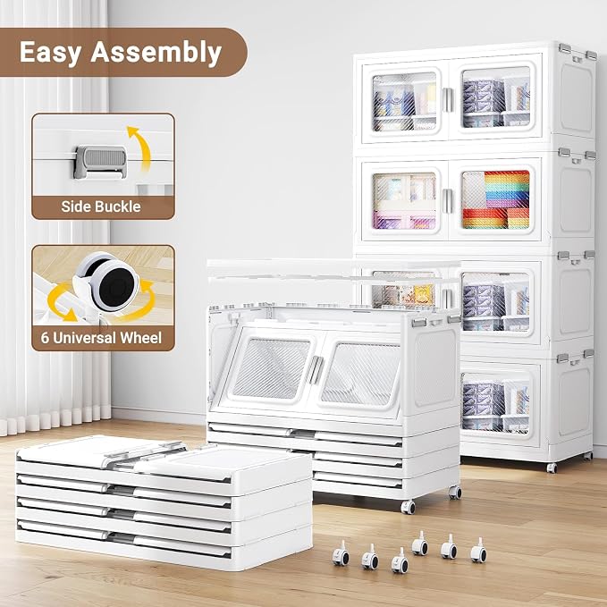 BROVIEW 900 Qt/225 Gal Stackable Storage Bins with Lids, 3 Pack, White | Large Stackable Storage Boxes w/ 1 Lid Folding Plastic Cart Organizer for Home Kitchen, Open Front Clear Door with Wheels