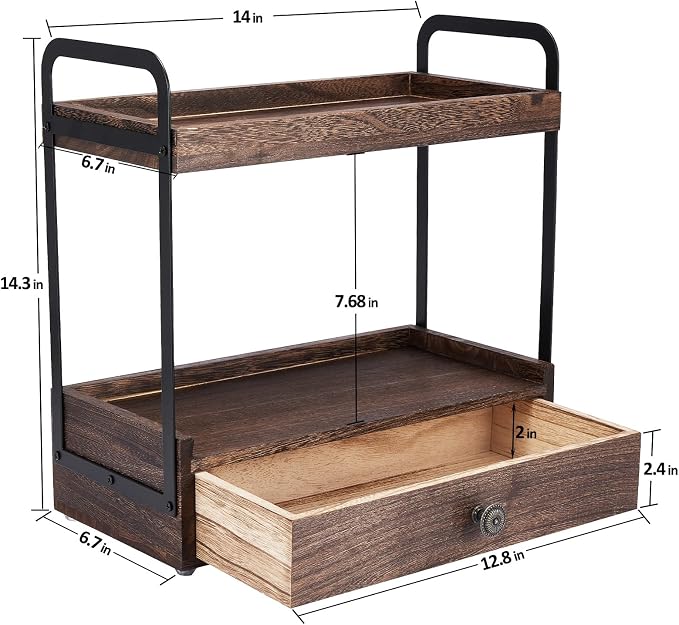 2-Tier Bathroom Counter Organizer with Drawer, Wooden Vanity Countertop Organizer for Makeup Perfume Cosmetics Skincare, Counter Shelf for Bathroom Kitchen Restroom