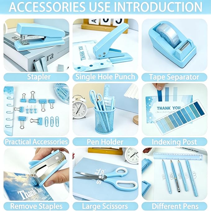 JIZHIYUAN Blue Desk Accessories Set - 16 Pcs Blue Office Supplies with Stapler, Tape Dispenser, Pen Holder, Staple Remover, Hole Punch, Practical Aesthetics Desk Sets for Office, Home, School Women