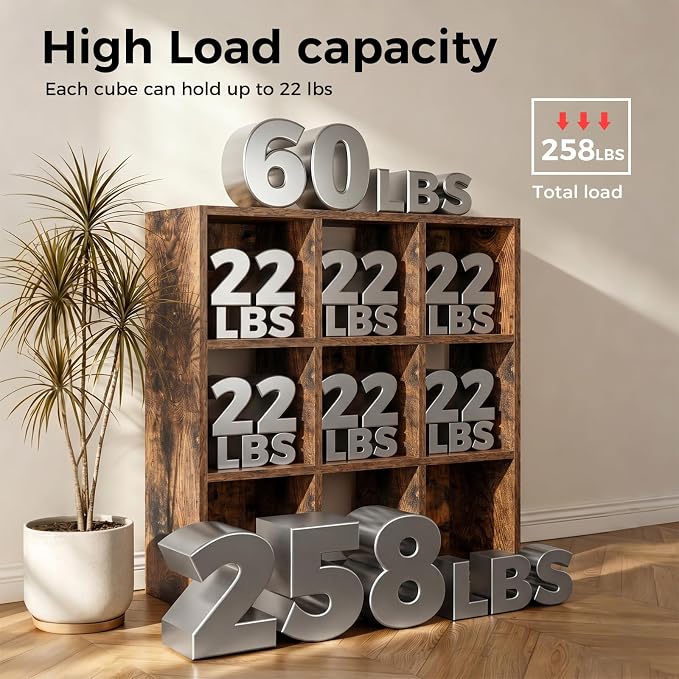LUCKLIFE 9-Cube Storage Organizer, Stackable Modular Bookcase Shelf with Vertical or Horizontal Use, Fits 11×11" Bins, Optional Back Panels, for Living Room, Office, Vintage Brown