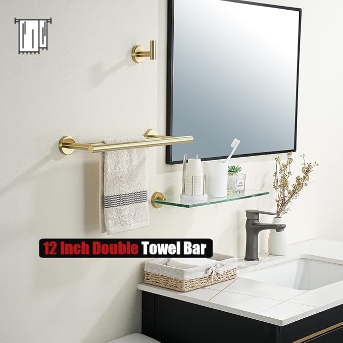 JQK Double Towel Bar Gold, 15 Inch 304 Stainless Steel Thicken 0.8mm Towel Rack Holder for Bathroom Washcloths and Hand Towels, Brushed Gold Wall Mount, Useable Length 12 Inch, TB100L12-BG