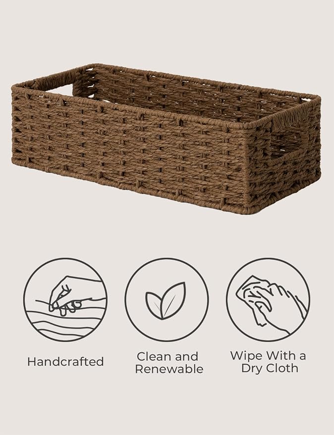 StorageWorks Toilet Tank Tray, Brown Round Paper Rope Bathroom Baskets for Organizing, Toilet Tank Basket, Toilets Organizer with Built-in Handles, 14 ¼"L x 6 ¾"W x 3 ¾"H, 1 Pack | Paper Rope Toilet Tank Tray for Tank Topper, Small Wicker Toilets Paper...