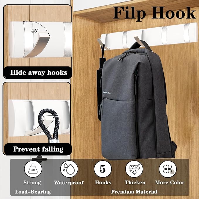 Folding Coat Hooks, Wall Mounted Coat Rack with 5 Retractable Hooks, Heavy Duty Towel Rack for Bathroom Wall Hook for Hanging Clothes, Stainless Steel Coat Hanger for Entryway(White/Sliver)