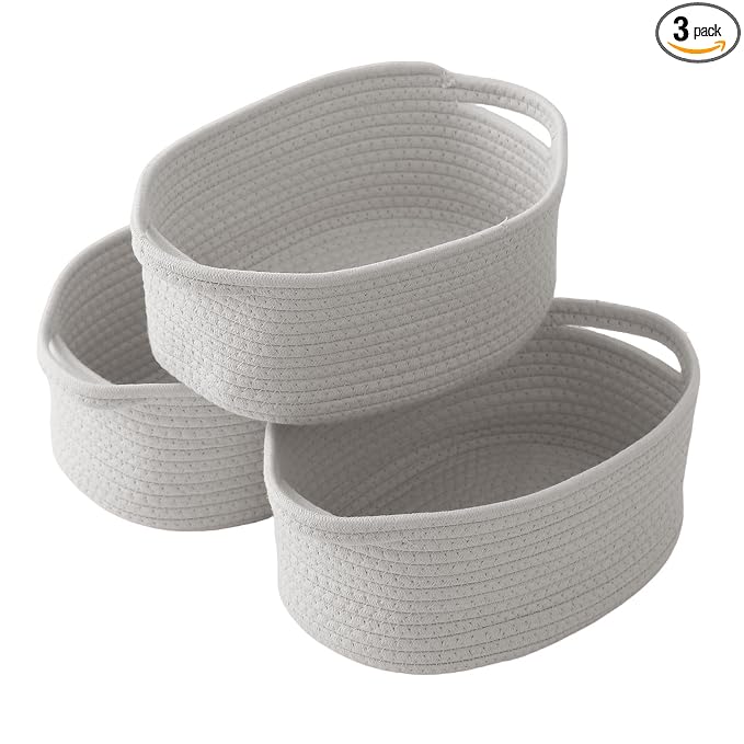 3PC Grey Woven Rope Basket - Baby Gift Basket with Bag & Ribbon | Cotton rope with handle, 12 x 8 x 5 in, gift bag and ribbon, for baby shower, birthday, toy storage, nursery, shelf decor