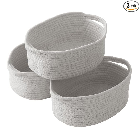 3PC Grey Woven Rope Basket - Baby Gift Basket with Bag & Ribbon | Cotton rope with handle, 12 x 8 x 5 in, gift bag and ribbon, for baby shower, birthday, toy storage, nursery, shelf decor