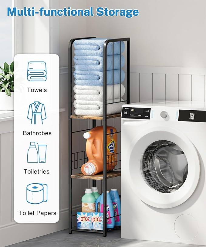 KIMBORA Narrow Towel Storage for Bathroom, 3-Tier Free Standing Bathroom Towel Rack Organizer with Shelf for Small Bath, Pool, Brown