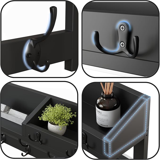 AMBIRD Wall Hooks with Shelf, 26.57 Inch Entryway Wood Coat Hooks for Wall, Coat Rack Wall Mount Rack with 5 Dual Hooks 3 Key Hooks Mail Organizer and Key Rack Key Holder (Black)