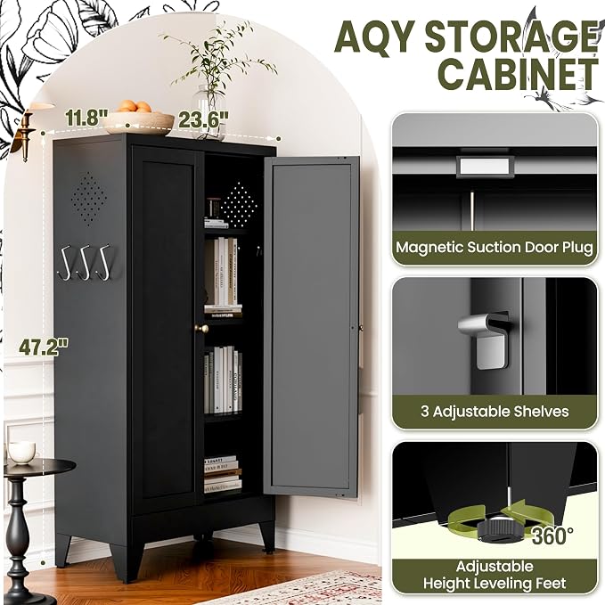 AQY Kitchen Pantry Cabinet,47" Black Pantry Storage Cabinet with 5 Tier Adjustable Shelves and 2 Doors,Freestanding Cupboard,Metal Pantry Cabinets with Handle for Living Room Kitchen Assembly Required
