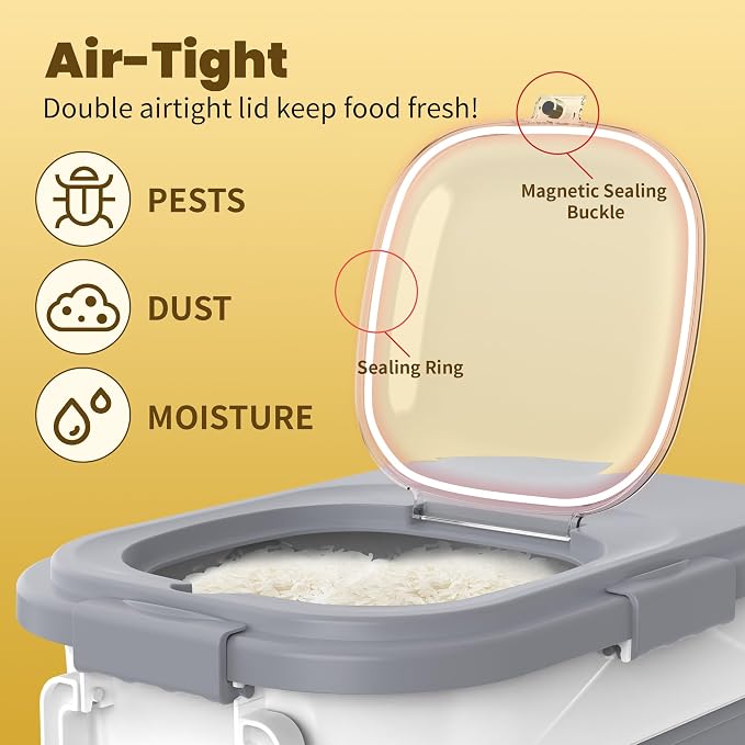 HOYTAMDA 25-35Lbs Collapsible Rice Container,Food Storage Containers Wheels | Rice Storage Container with Airtight Clear Lid,Handle,Small Bin &Scoop,Rice Dispenser for Flour Sugar Cereal Dog Cat Food