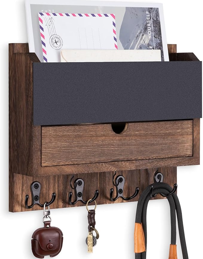 Mail and Key Holder Wall Mount with Storage Drawer & Chalkboard Panel | Modern Wooden Mail Organizer for Wall Entryway, 7 key hooks, Stylish Home Decor for Apartments, Living Room, Office