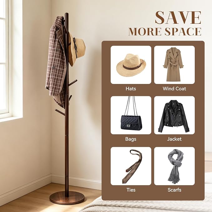 Coat Rack Freestanding- Solid Wood New Zealand Pine Hall Tree with 8 Hooks & 3 Adjustable Levels, Corner Wooden Coat Hanger for Entryway, Hallway and Small Space (Hats, Purses, Bags)