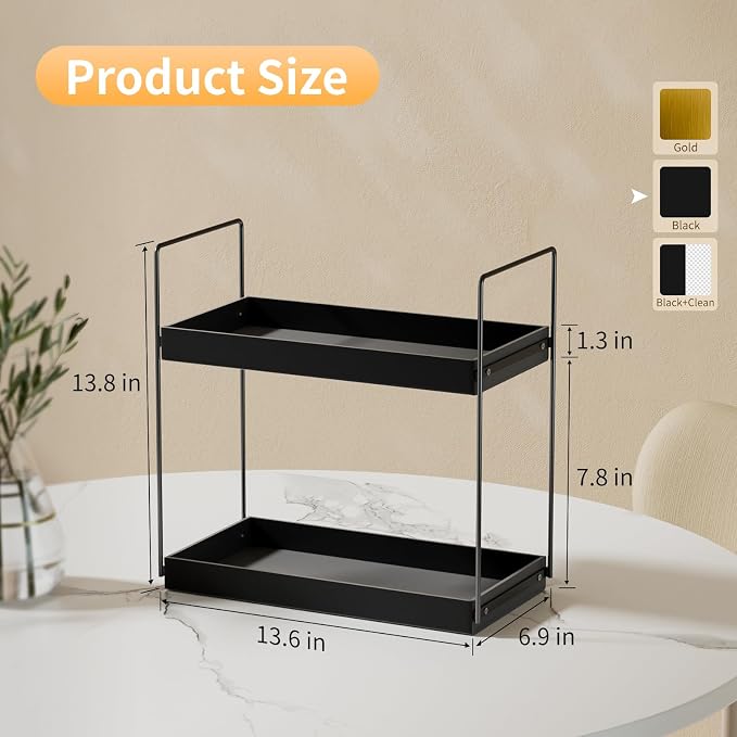 NPPLUS Bathroom Countertop Organizer, 2 Tier Metal Vanity Counter Skincare Shelf, Matte Black, 13.6"L x 6.9"W x 13.8"H | Metal Vanity Counter Skincare Shelf, Under Sink Standing Rack, Home Storage Holder For Lotion Makeup Cosmetics Perfume Spice