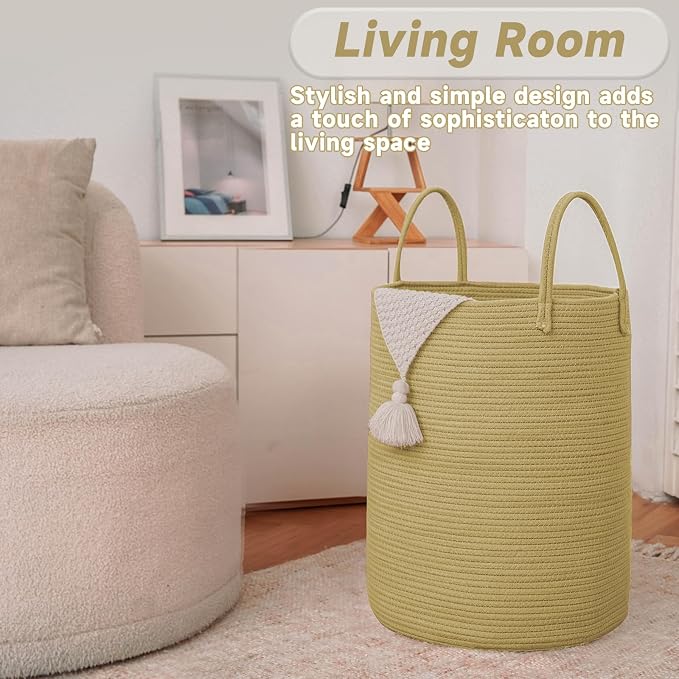 JMvicyroam 100L Cotton Rope Laundry Basket Hamper, Jute | Collapsible laundry basket, reinforced handles, freestanding, machine washable, holds 3-5 thick blankets, clothes or toys