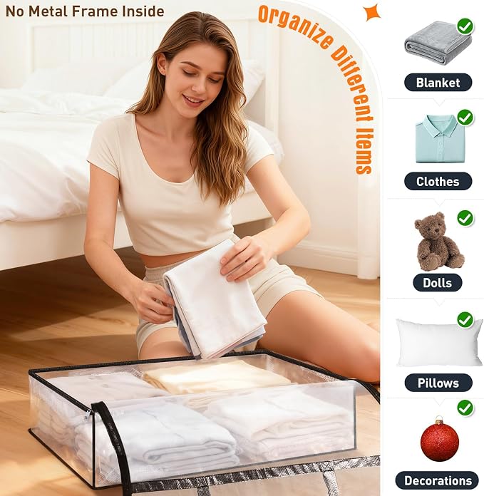 6 Packs 60L Clear Under Bed Storage Containers, Large Clothes Storage Bags | Heavy Duty Large Capacity Foldable Moving Bags with Sturdy Handles, Clothing Organizer Totes for Bedding Comforter Sheet