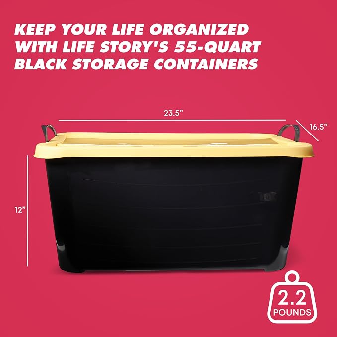 Life Story 18 Pack Heavy Duty Stackable Storage Bin, 55 Quart Home Organizer, Versatile Lightweight Locking Bins with Carrying Handles, Black/Yellow