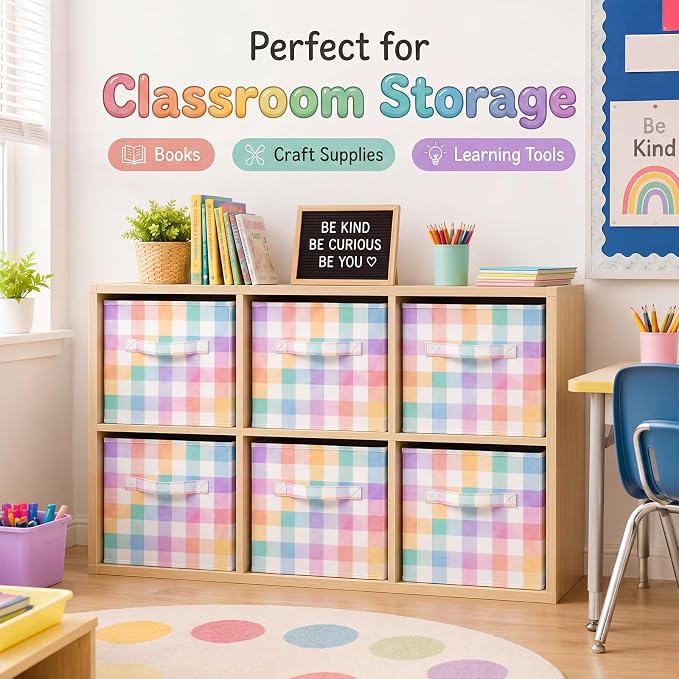 6 Pcs 11 Inch Pastel Checked Fabric Storage Cube Bin Woven Foldable Gingham Storage Cube for Classroom Basket Bin Organizer with Handle Decor for Organizing Clothes, Toy, Book