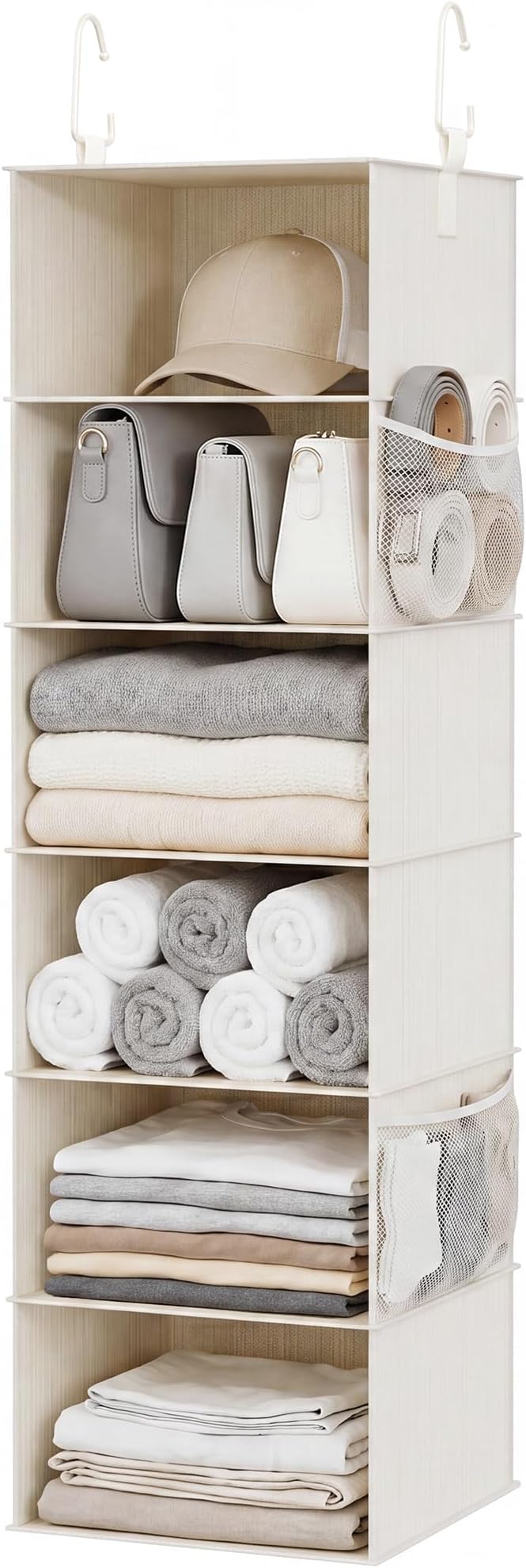 StorageWorks 6-Shelf Hanging Closet Organizer, Hanging Shelves for Closet, Fabric, Mixing of Beige, White & Ivory, 12" D x 12" W x 47 1⁄2" H