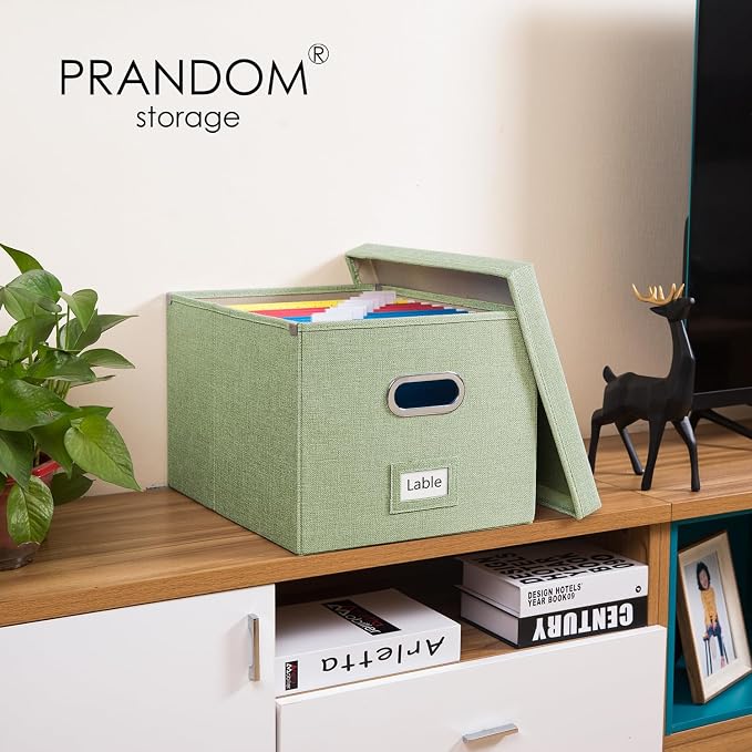 File Organizer Box - Set of 1 Collapsible Decorative Linen Filing Storage Hanging File Folders with Lids Office Cabinet Letter/Legal Green (17x14x11.2 inch)