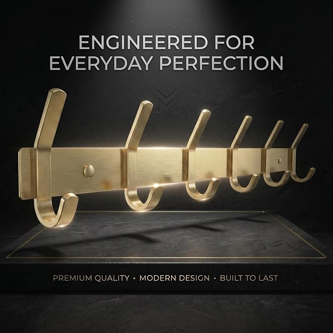 Brushed Gold Wall Mounted Coat Rack – 17 Inch Stainless Steel Rail with 6 Double Coat Hooks for Entryway, Bathroom, Bedroom, Kitchen – Modern Gold Hook Rack for Coats, Hats, Towels - 2 Pack