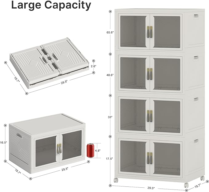 Stackable Storage Bins with Lids, 720QT Extra Large Storage Cabinet | Clear Doors, Foldable Storage Drawers, Heavy Duty, Collapsible Closet Organizers for Bedroom Office (4, White, 180, Quarts)