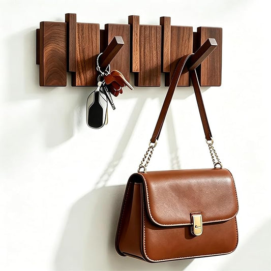 Wood Coat Rack Wall Mount - Large Walnut Piano Coat Rack wtih 5 Hooks for Hanging Clothes,Keys,Robes,Purse,Towels,Modern Decorative Wall hooks Heavy Duty Hanger Organizer for Bathroom/Bedroom/Entryway