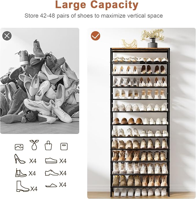12 Tier Metal Shoe Rack with Wood Top, 40-48 Pairs Rustic Brown | Tallest 77.5in for maximum storage. 3 iron sheets for heels. Removable layer fits tall boots. Display top.
