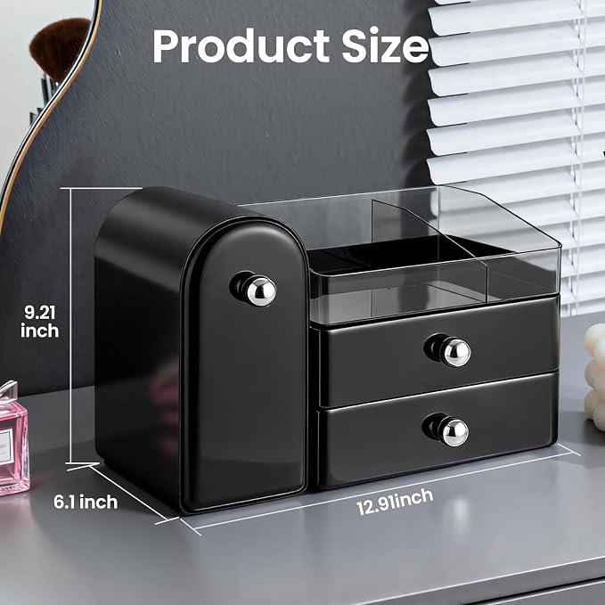 Makeup Organizer,Vanity Organizer with Makeup Brush Holder,Black | Waterproof,Dustproof,Clear Drawer,Large Capacity,Storage Lipstick,Perfumes,Skincare for Dresser,Bathroom Countertop,Desk,Gift