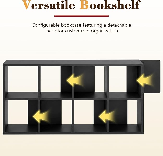 8 Cube Storage Organizer, Black Cube Bookshelf, Multifunctional Bookcase | Cube Storage Organizer Shelf with Open Back and Removable Back Panels, Horizontal Bookcase for Entrance Hall Home Office